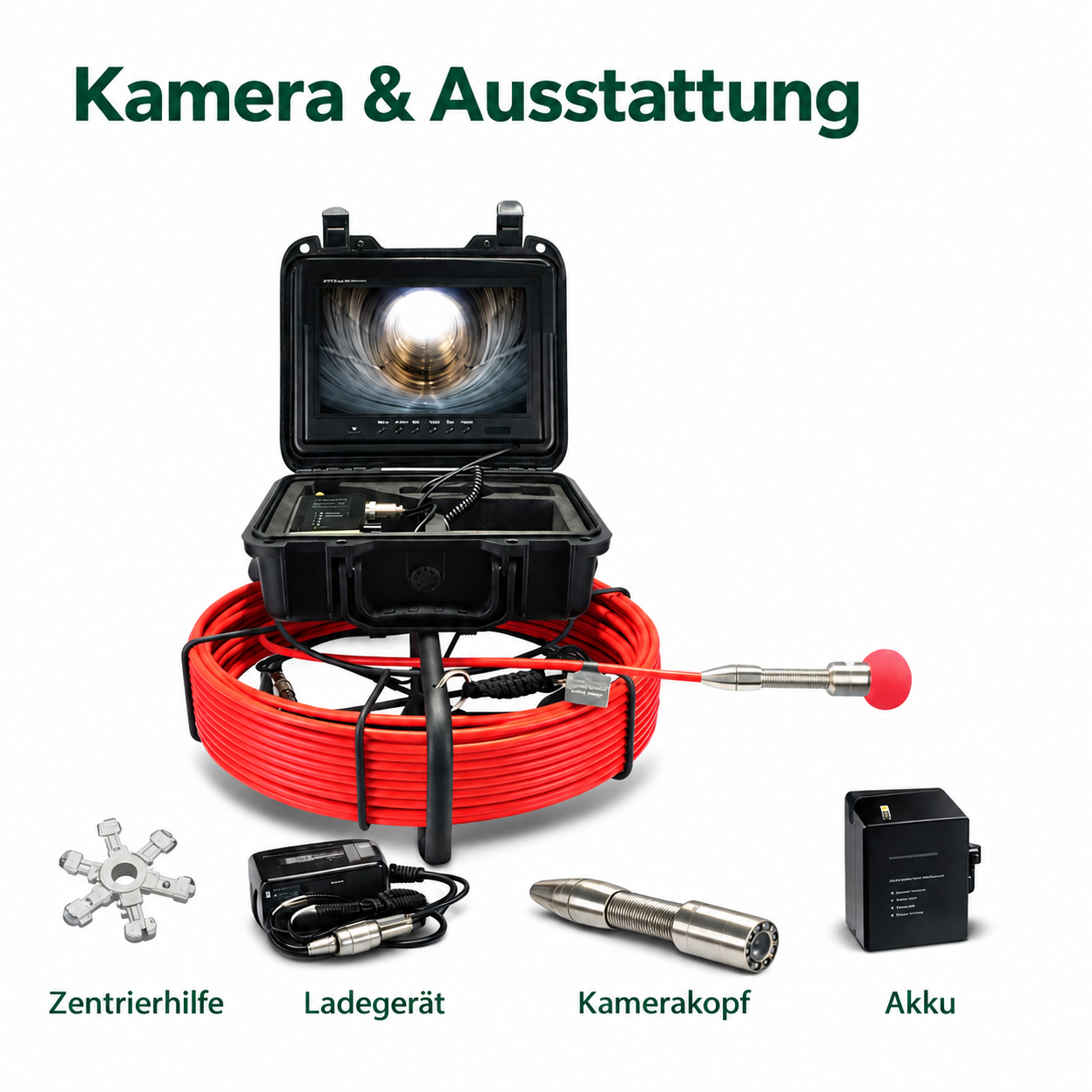 Kamera, Zentrierhilfe, Ladegerät, Kamerakopf und Akku